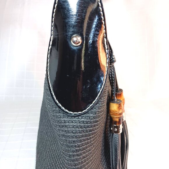 Vintage Talbots Black Wicket Basket Weave Bamboo Tassel Hobo Shoulder Bag - Picture 5 of 9
